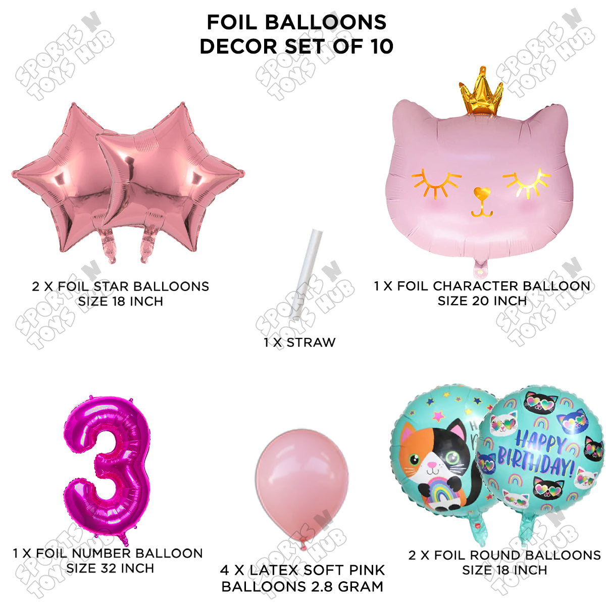 Cartoon Character Crown Pink Kitten Cat Foil Balloon - Pack Of 10