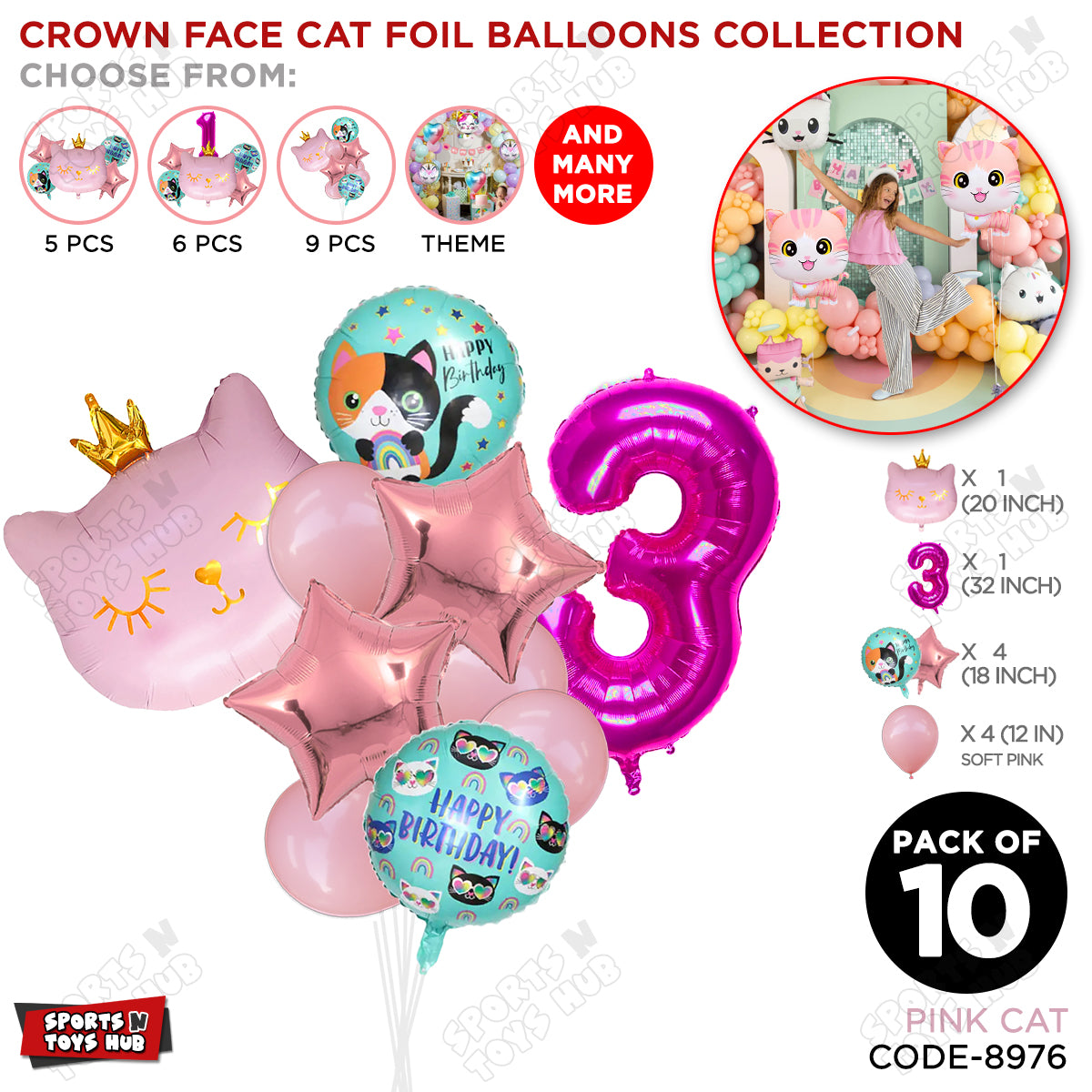 Cartoon Character Crown Pink Kitten Cat Foil Balloon - Pack Of 10