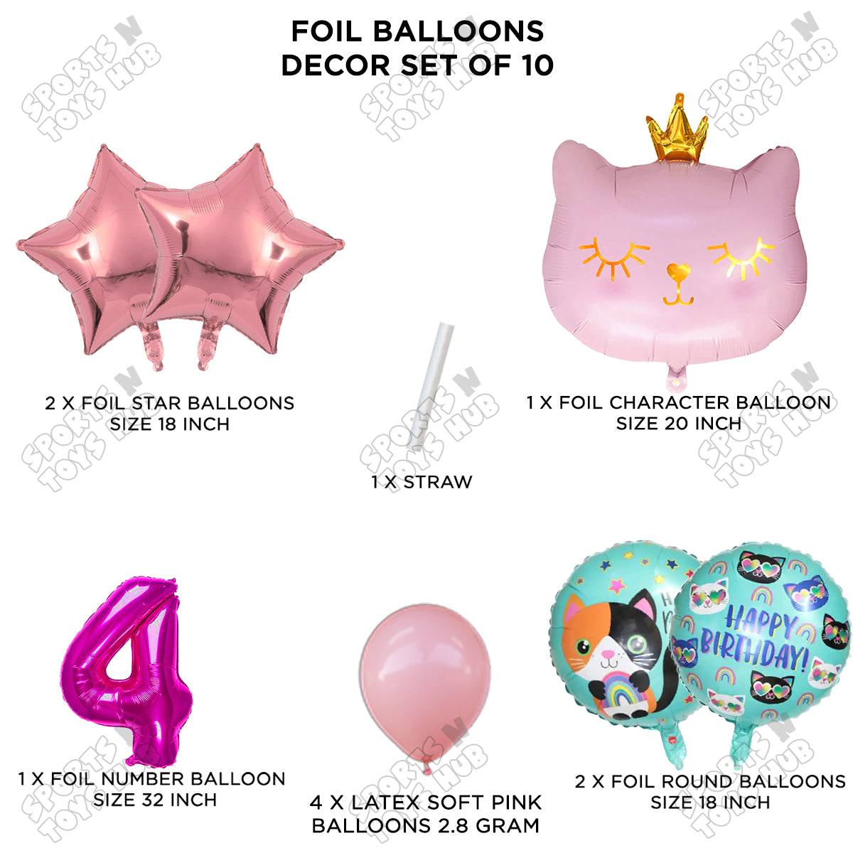 Cartoon Character Crown Pink Kitten Cat Foil Balloon - Pack Of 10