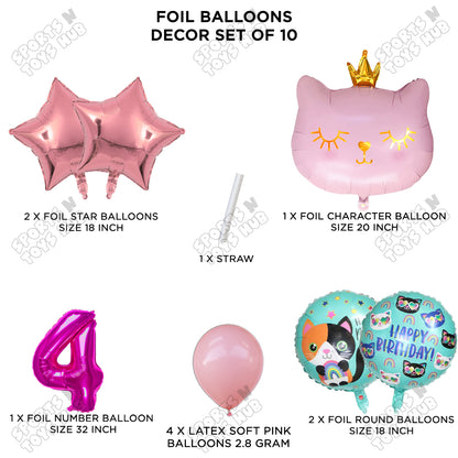 Cartoon Character Crown Pink Kitten Cat Foil Balloon - Pack Of 10