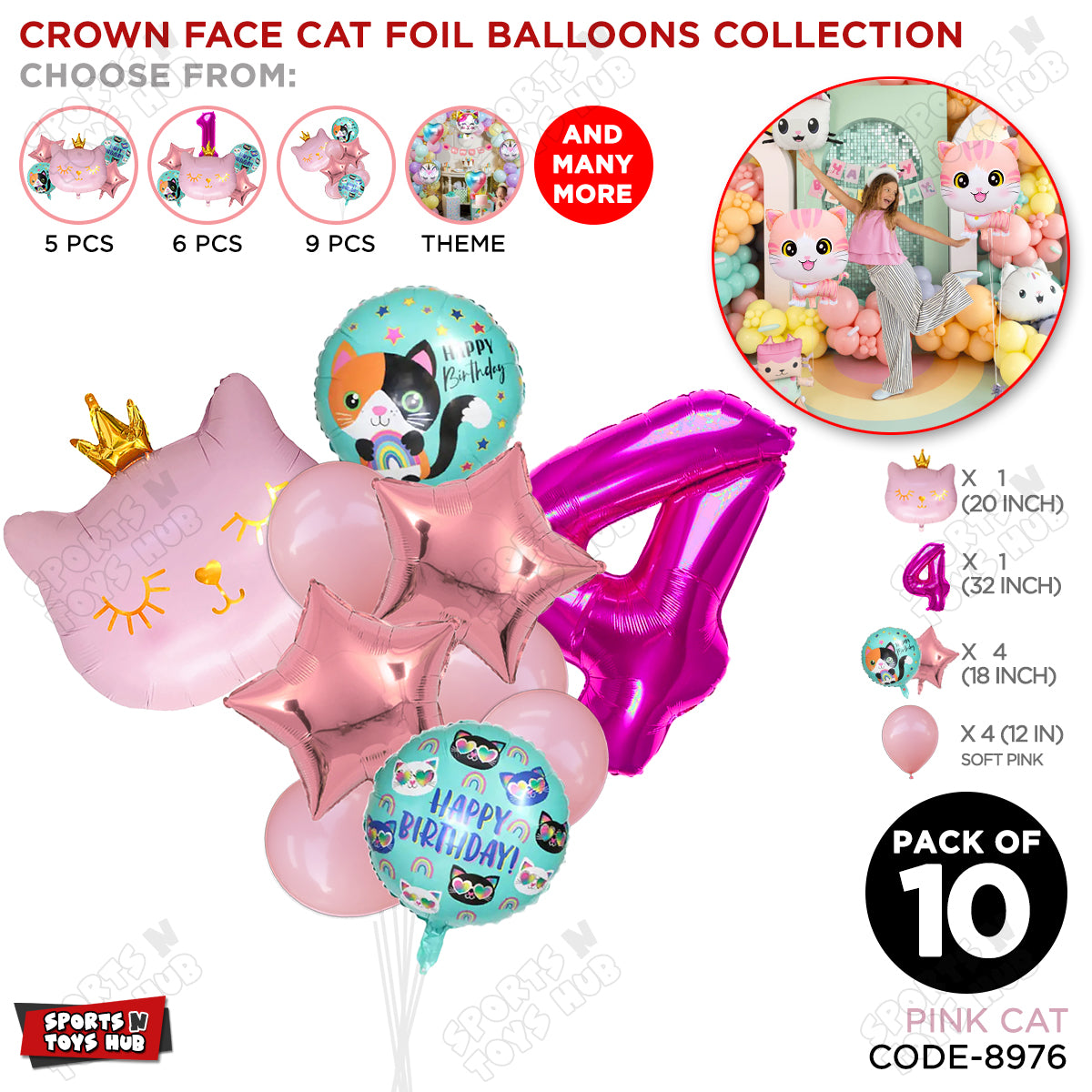 Cartoon Character Crown Pink Kitten Cat Foil Balloon - Pack Of 10