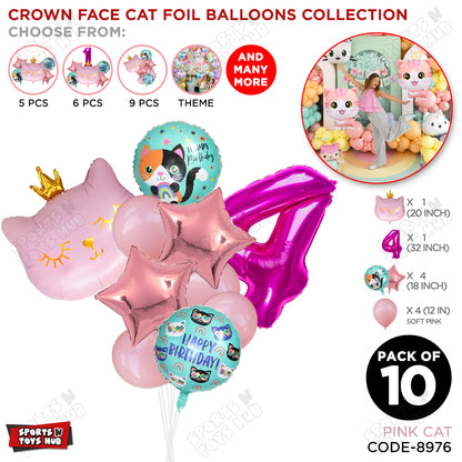 Cartoon Character Crown Pink Kitten Cat Foil Balloon - Pack Of 10