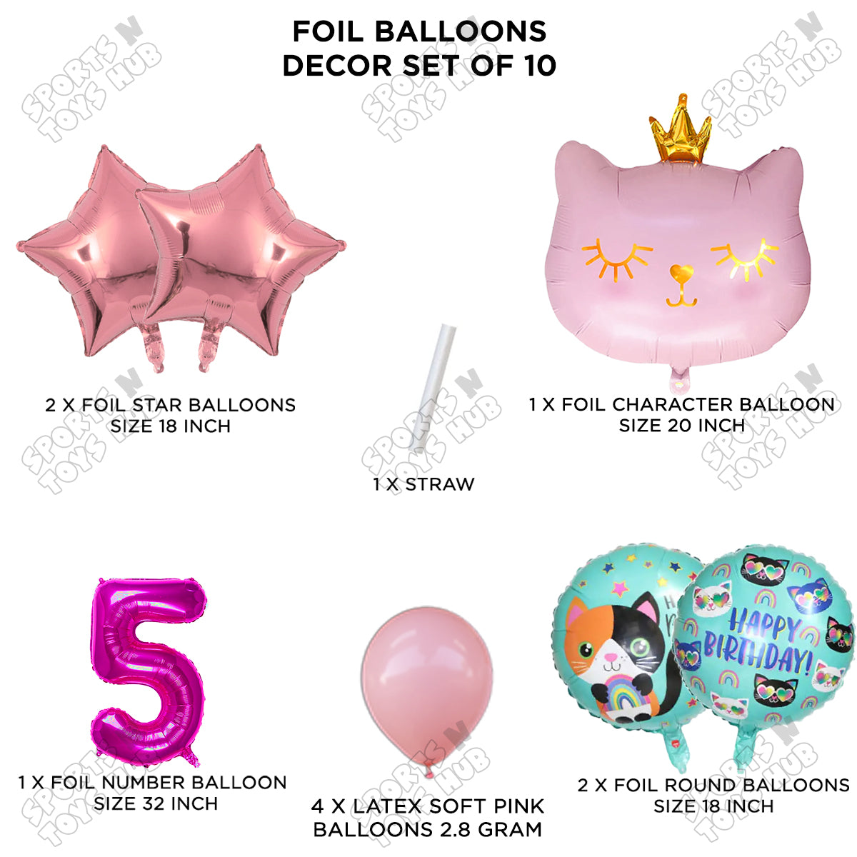 Cartoon Character Crown Pink Kitten Cat Foil Balloon - Pack Of 10