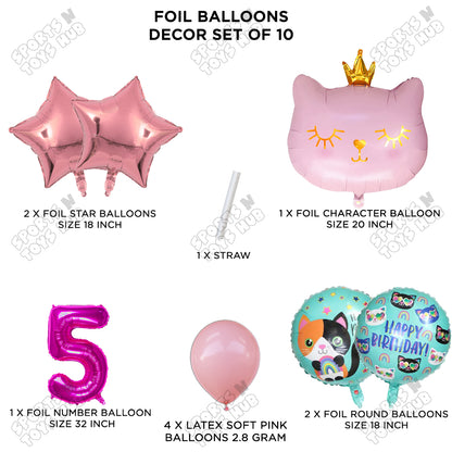 Cartoon Character Crown Pink Kitten Cat Foil Balloon - Pack Of 10