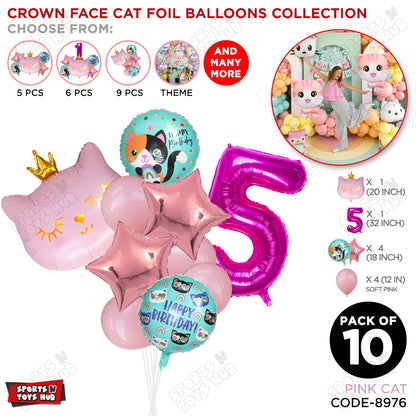 Cartoon Character Crown Pink Kitten Cat Foil Balloon - Pack Of 10