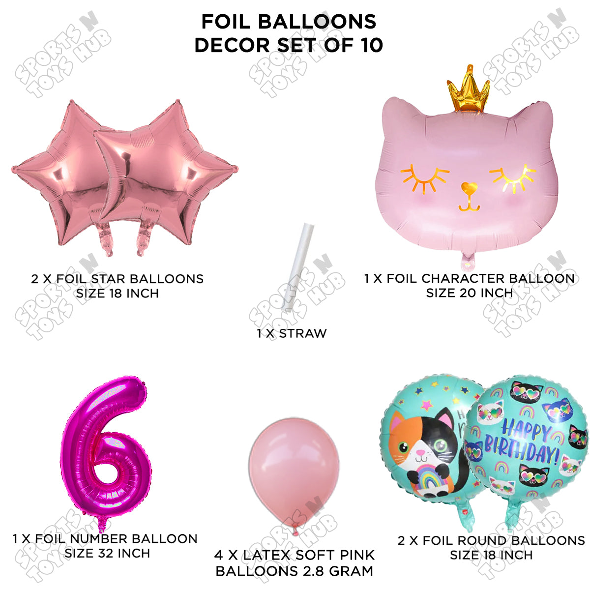 Cartoon Character Crown Pink Kitten Cat Foil Balloon - Pack Of 10