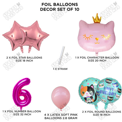 Cartoon Character Crown Pink Kitten Cat Foil Balloon - Pack Of 10