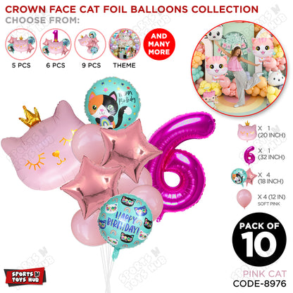Cartoon Character Crown Pink Kitten Cat Foil Balloon - Pack Of 10