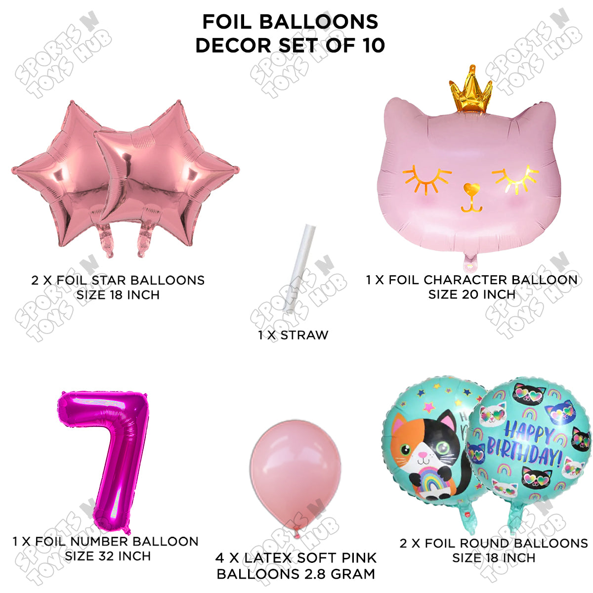 Cartoon Character Crown Pink Kitten Cat Foil Balloon - Pack Of 10