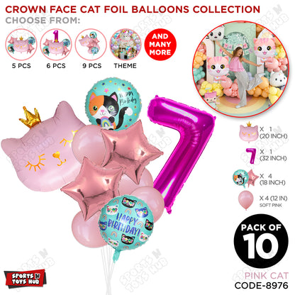 Cartoon Character Crown Pink Kitten Cat Foil Balloon - Pack Of 10