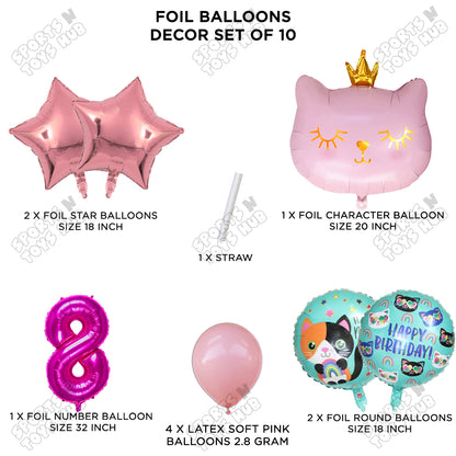 Cartoon Character Crown Pink Kitten Cat Foil Balloon - Pack Of 10