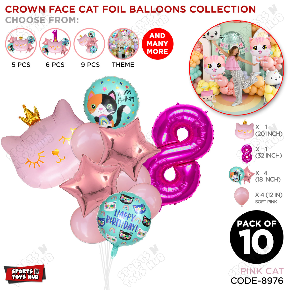 Cartoon Character Crown Pink Kitten Cat Foil Balloon - Pack Of 10