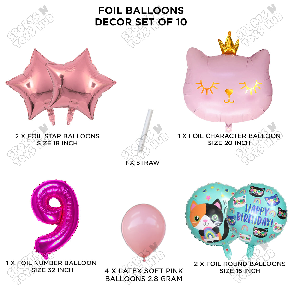 Cartoon Character Crown Pink Kitten Cat Foil Balloon - Pack Of 10