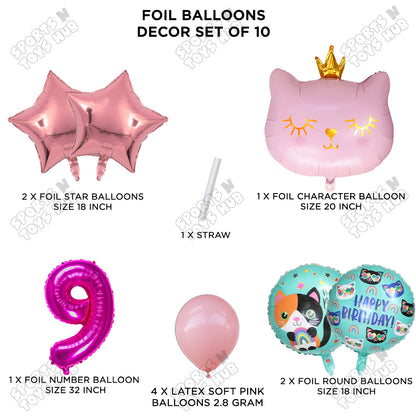 Cartoon Character Crown Pink Kitten Cat Foil Balloon - Pack Of 10