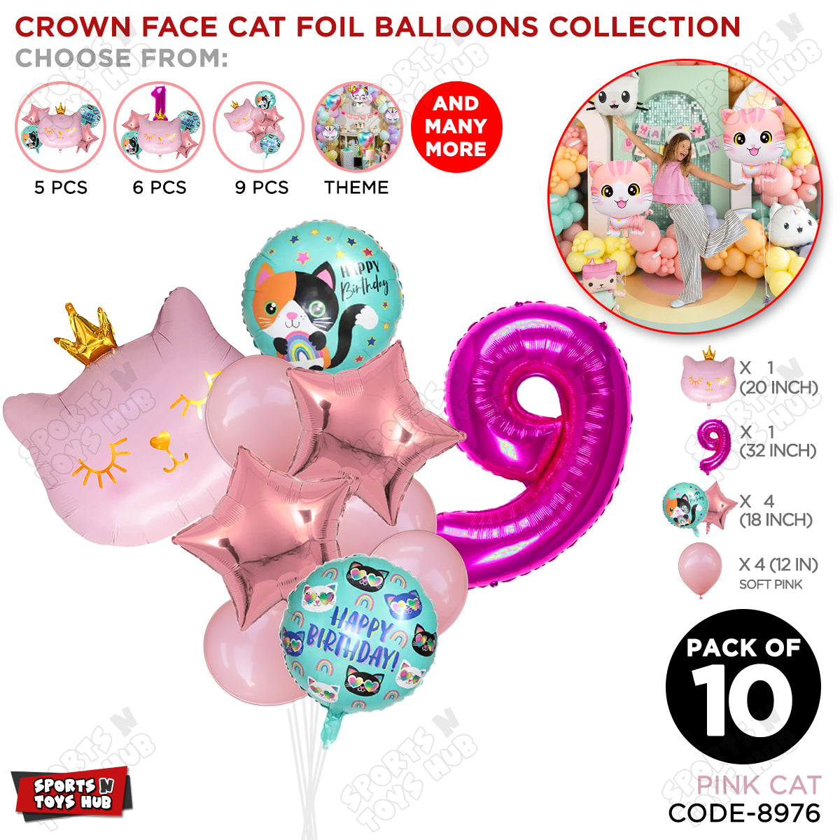 Cartoon Character Crown Pink Kitten Cat Foil Balloon - Pack Of 10