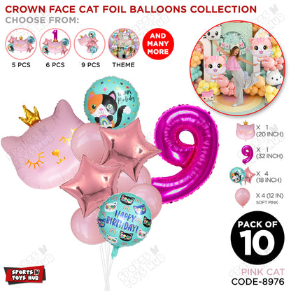 Cartoon Character Crown Pink Kitten Cat Foil Balloon - Pack Of 10