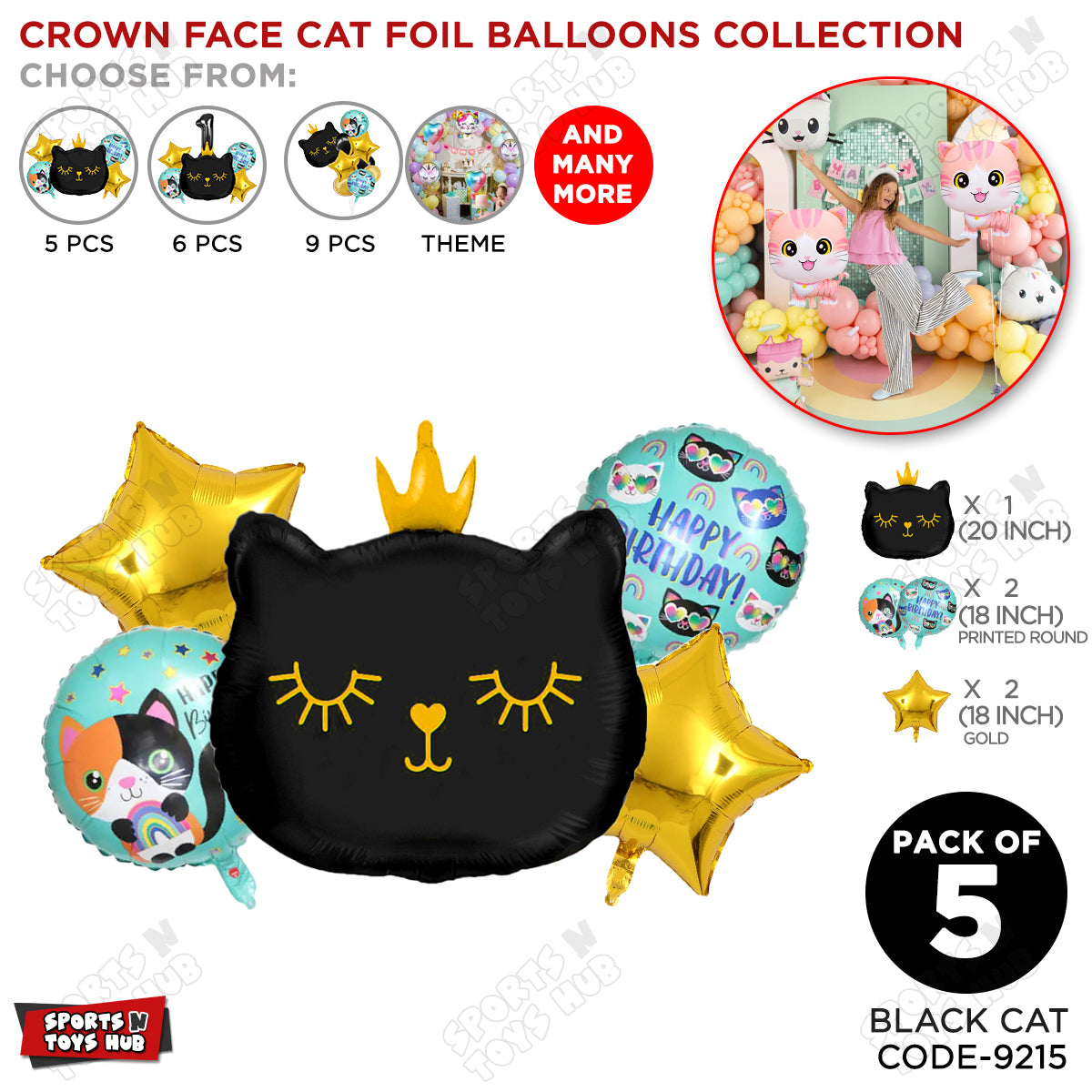 Black Kitten Cute Cat Foil Balloons - Pack of 5