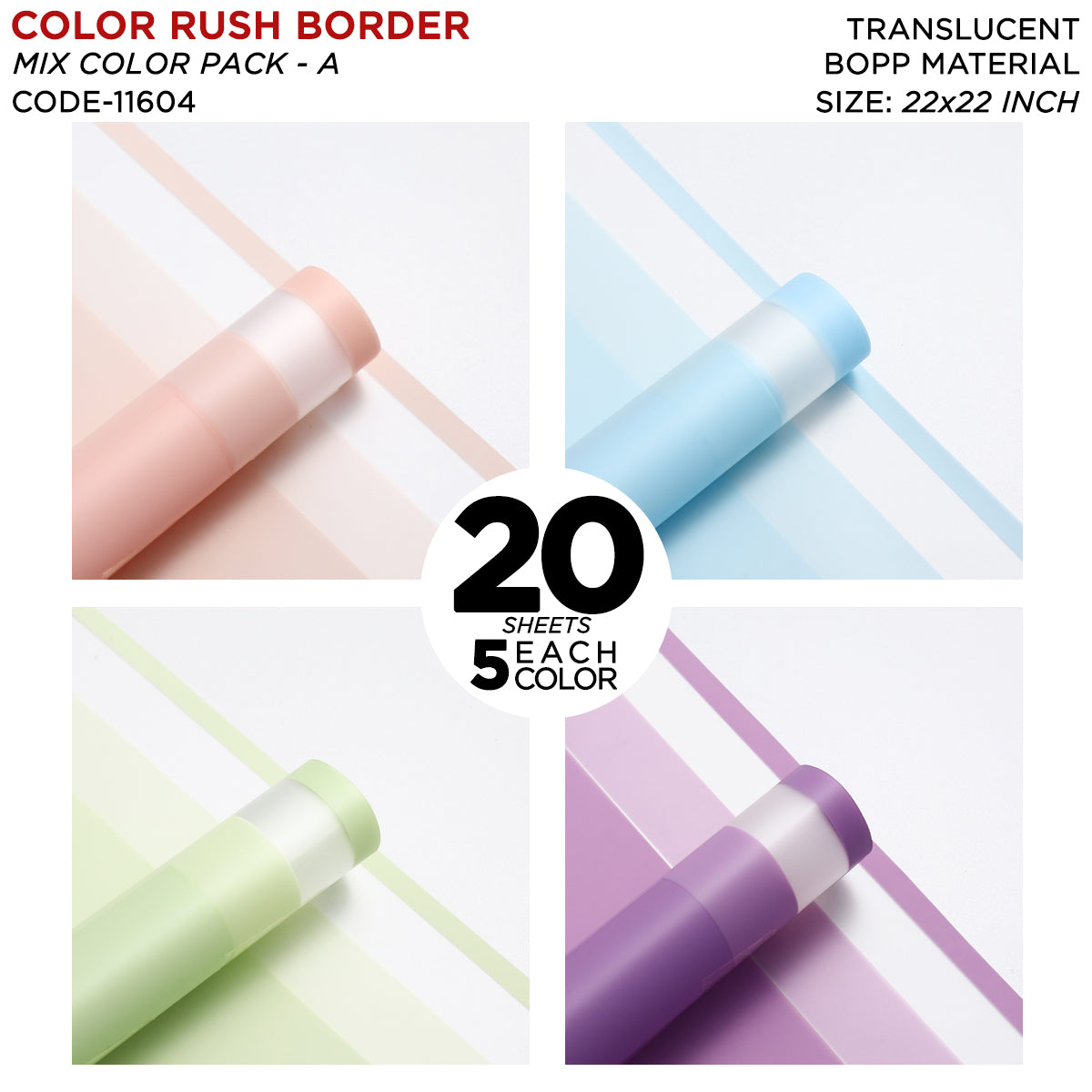 Color Rush Border - Mix Color 20 Sheet Pack - Translucent Flower Wrapping Sheets