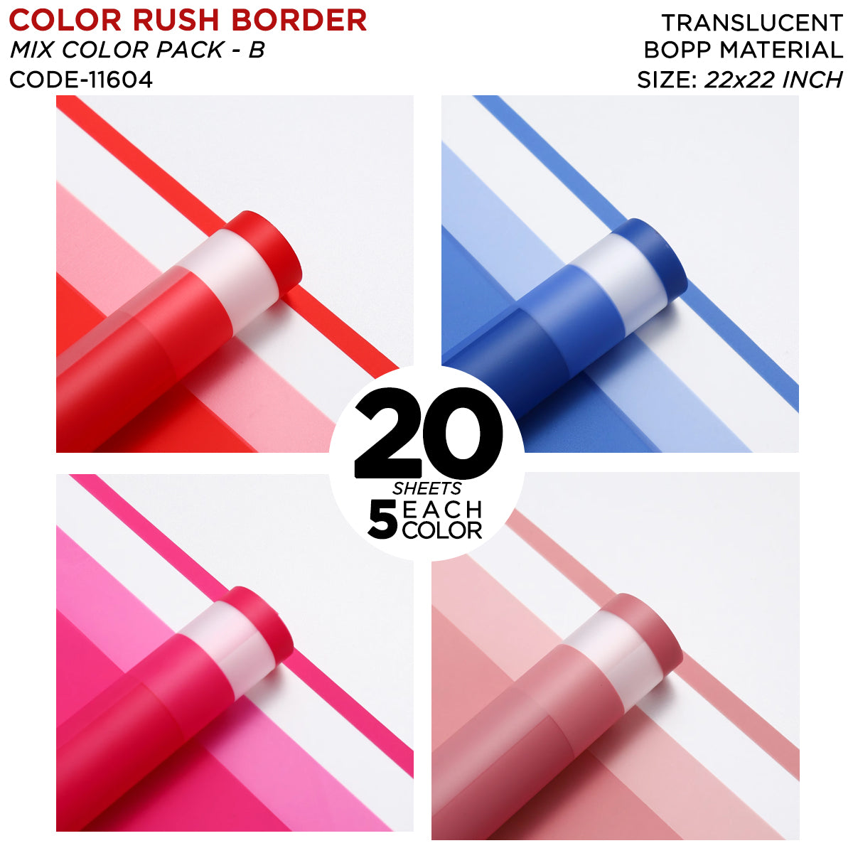Color Rush Border - Mix Color 20 Sheet Pack - Translucent Flower Wrapping Sheets