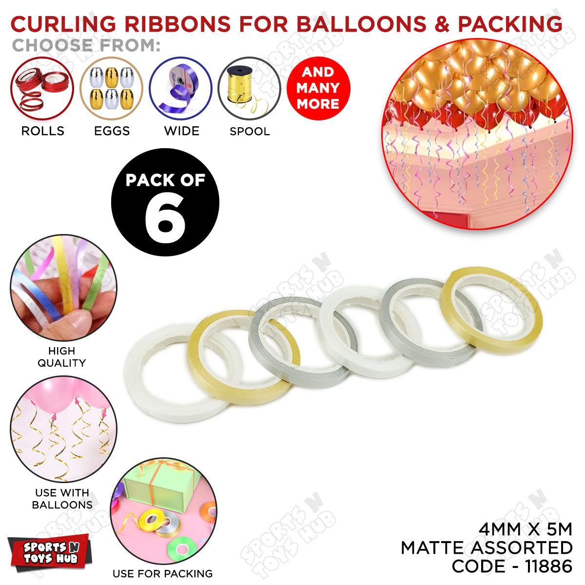 Curling Ribbon Rolls - Pack of 6 - Colorful Party Ribbons for Balloons, Gift Wrapping & Decorations