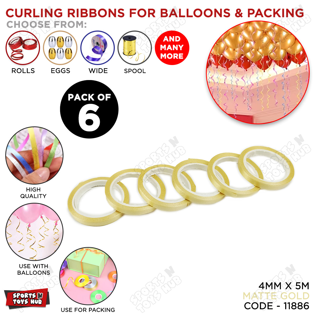 Curling Ribbon Rolls - Pack of 6 - Colorful Party Ribbons for Balloons, Gift Wrapping & Decorations