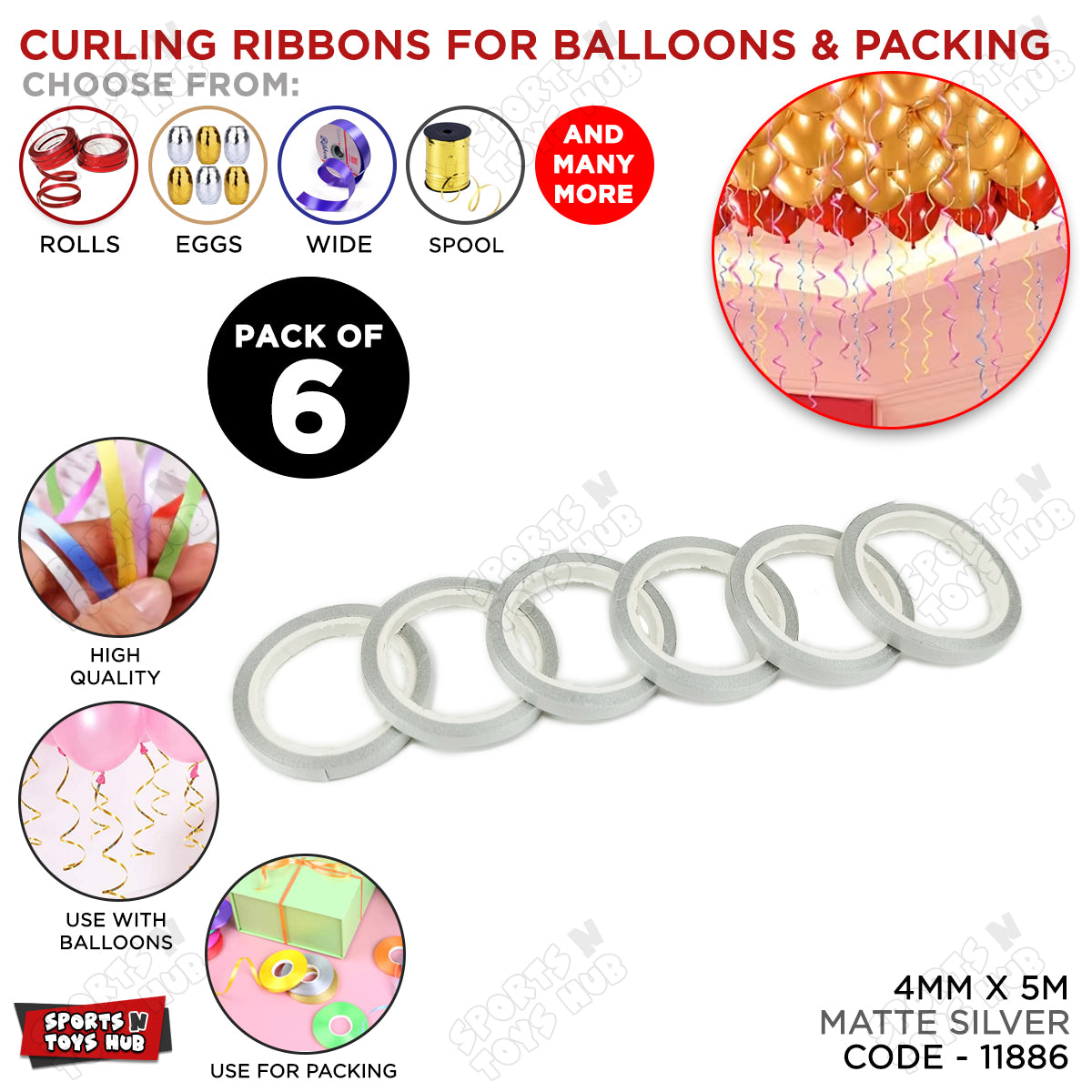 Curling Ribbon Rolls - Pack of 6 - Colorful Party Ribbons for Balloons, Gift Wrapping & Decorations