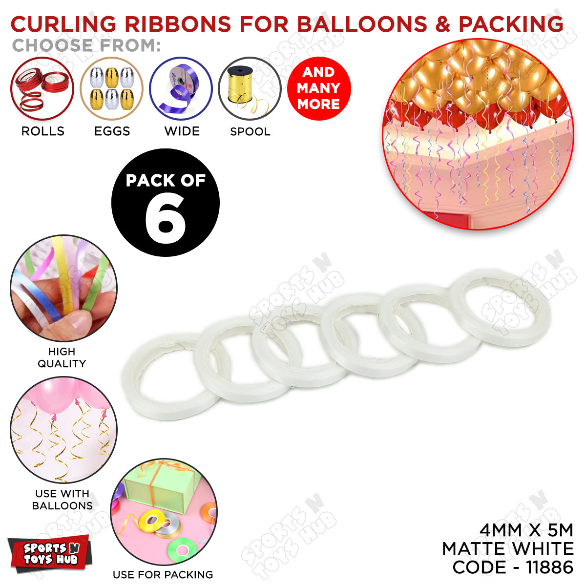 Curling Ribbon Rolls - Pack of 6 - Colorful Party Ribbons for Balloons, Gift Wrapping & Decorations
