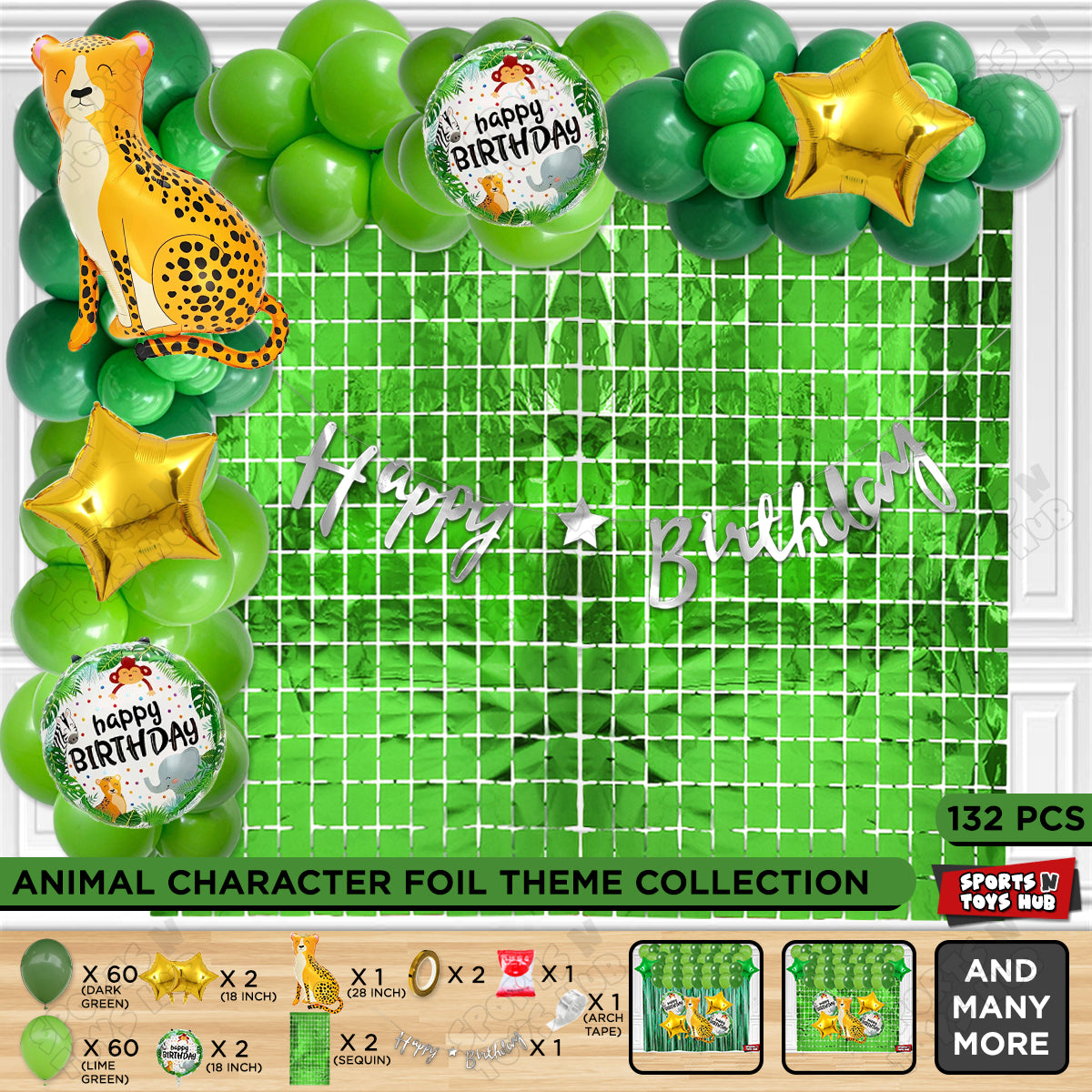 Jungle Safari Leopard Foil Balloon Set With Happy Birthday Cursive Card Banner Arch Theme