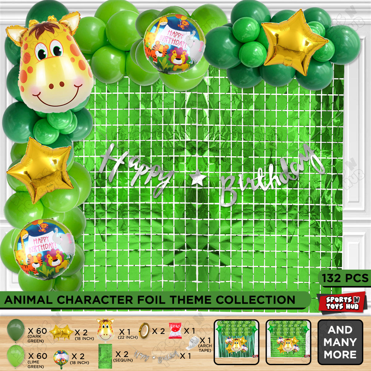 Giraffe Face Jungle Safari Foil Balloon With Happy Birthday Cursive Banner Arch Theme