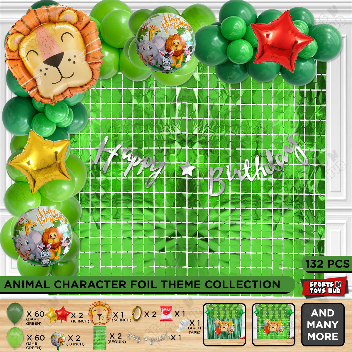 Lion Jungle Safari Foil Balloon With Happy Birthday Cursive Banner Arch Theme