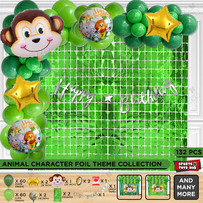 Jungle Safari Monkey Face Foil Balloon Set With Happy Birthday Cursive Card Banner Arch Theme