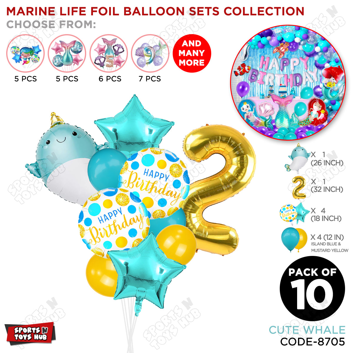 Cute Whale Foil Balloon Pack Of 10 Set With 32 Inch Foil Number Balloons