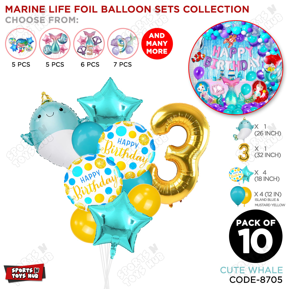 Cute Whale Foil Balloon Pack Of 10 Set With 32 Inch Foil Number Balloons