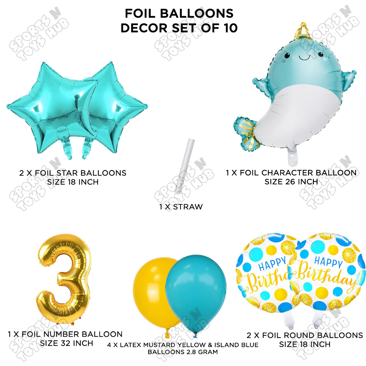 Cute Whale Foil Balloon Pack Of 10 Set With 32 Inch Foil Number Balloons