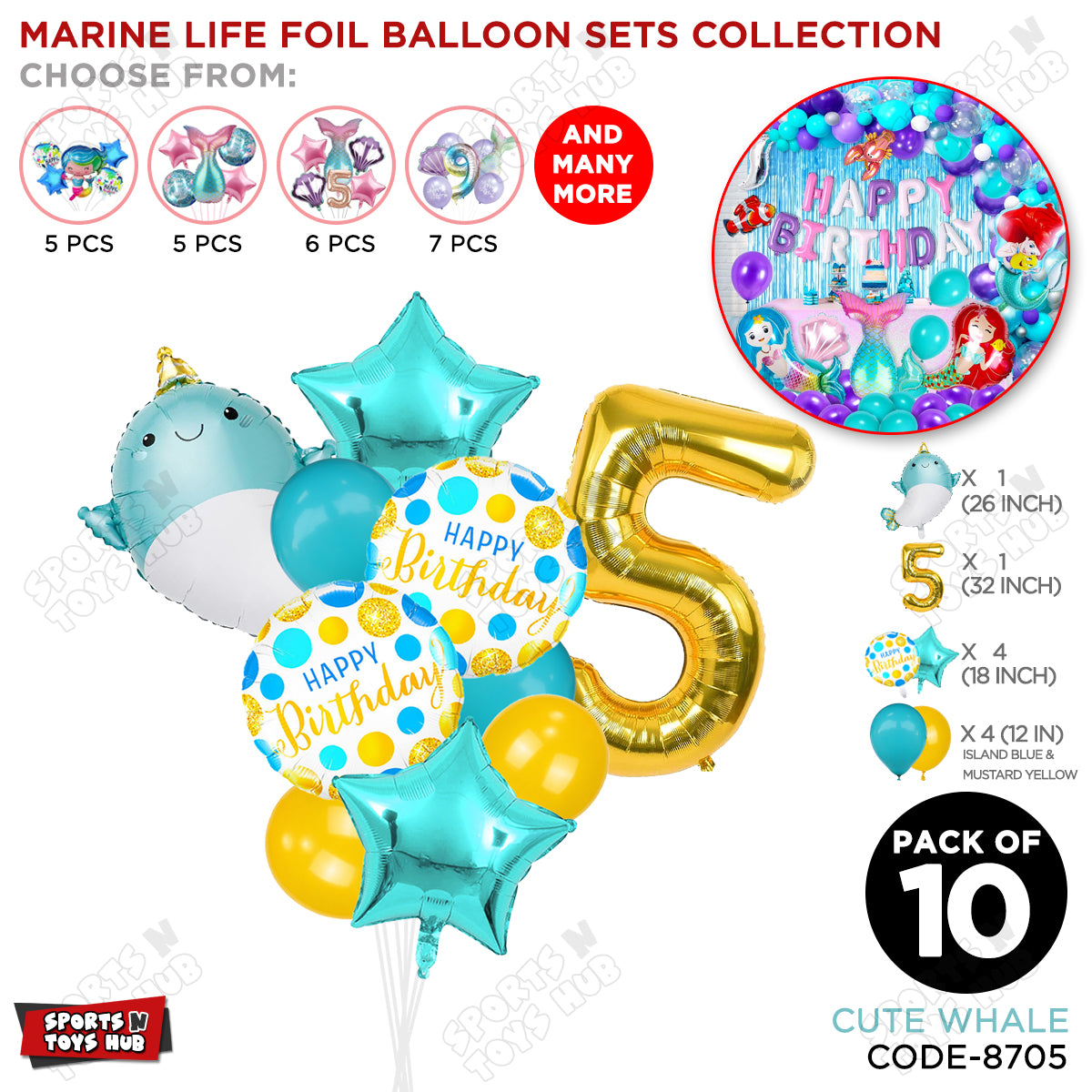 Cute Whale Foil Balloon Pack Of 10 Set With 32 Inch Foil Number Balloons