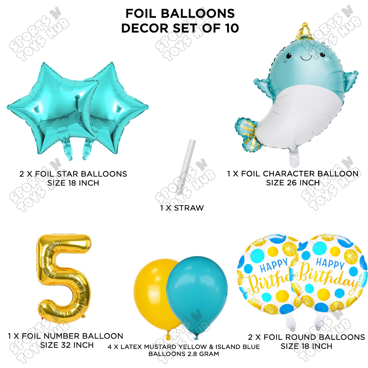 Cute Whale Foil Balloon Pack Of 10 Set With 32 Inch Foil Number Balloons