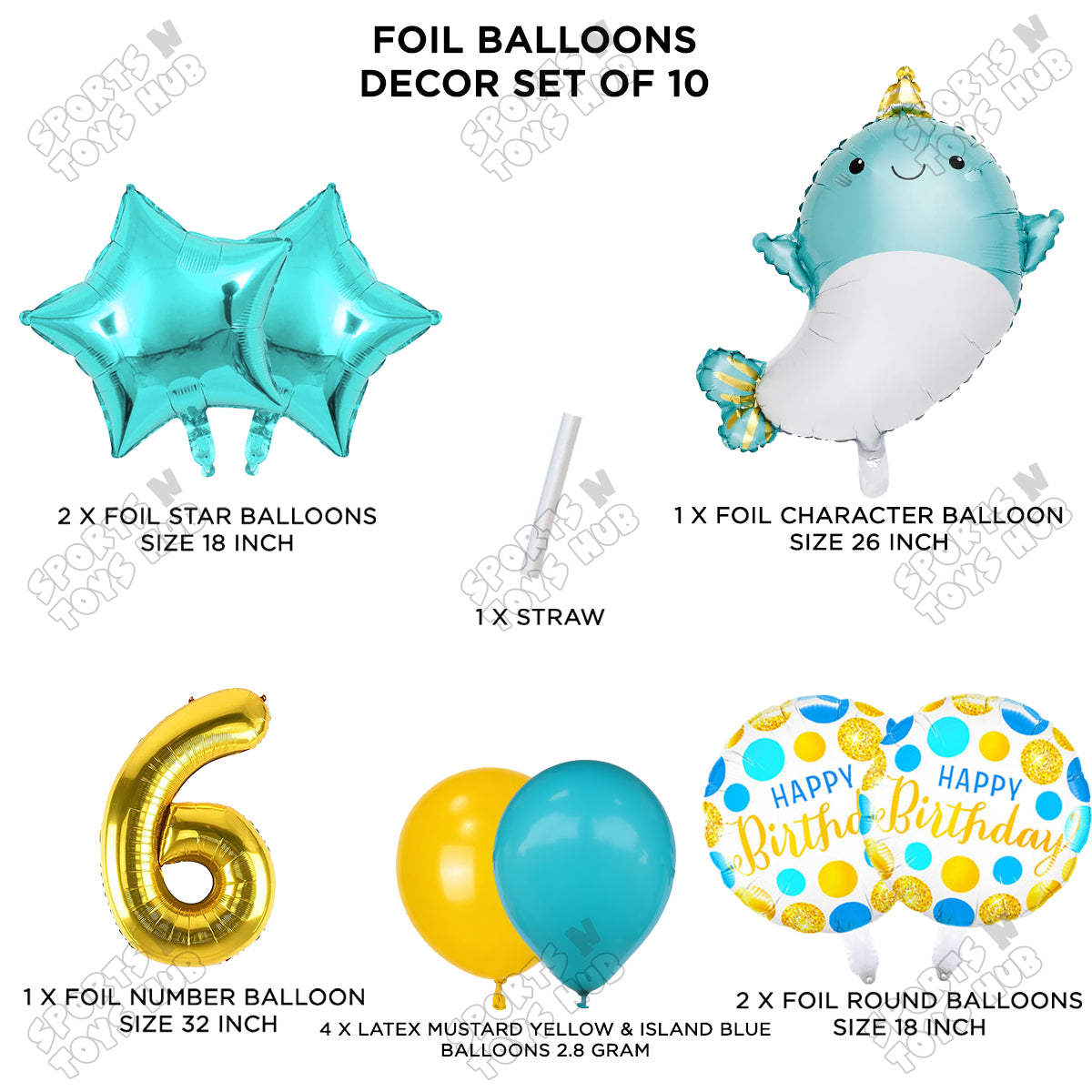 Cute Whale Foil Balloon Pack Of 10 Set With 32 Inch Foil Number Balloons