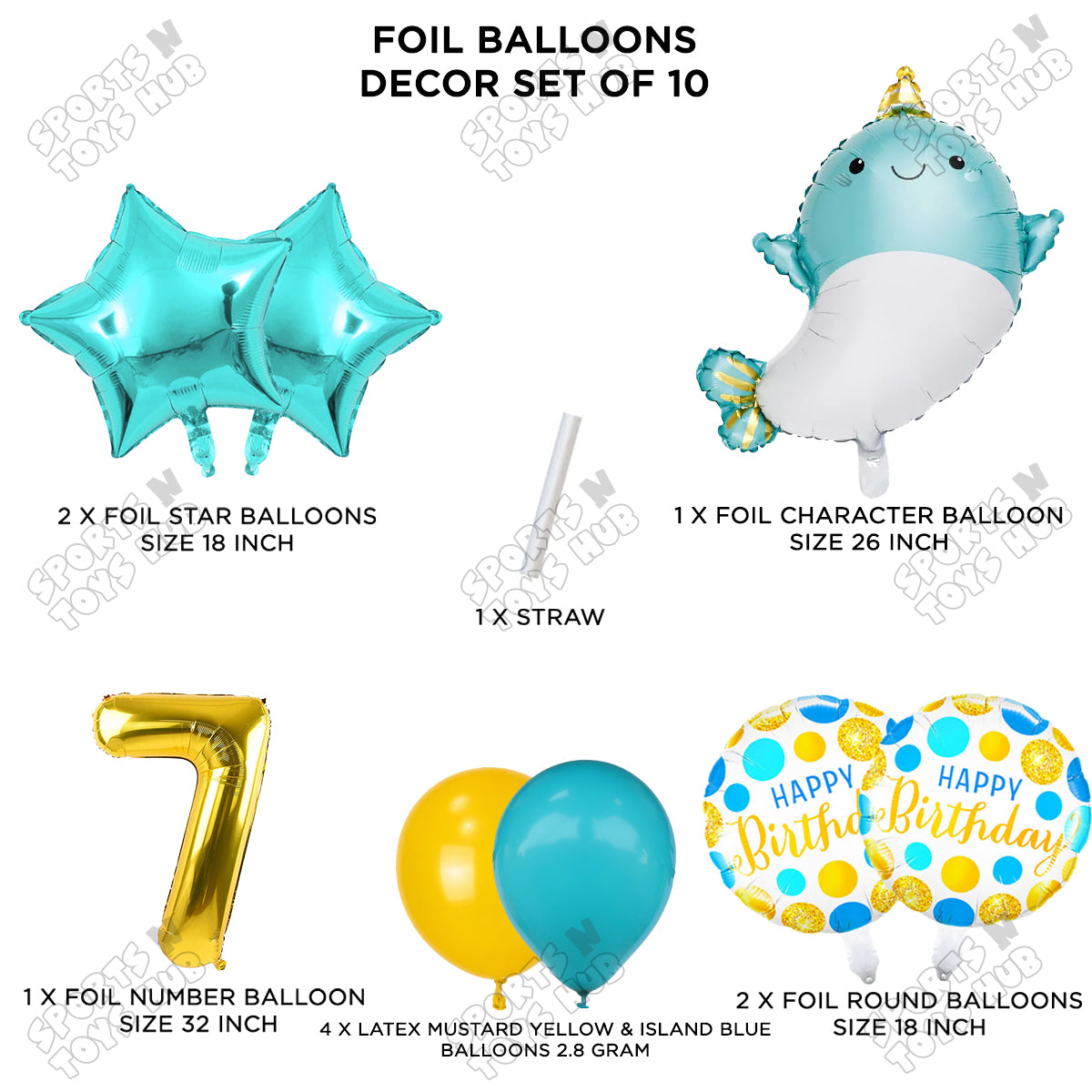 Cute Whale Foil Balloon Pack Of 10 Set With 32 Inch Foil Number Balloons