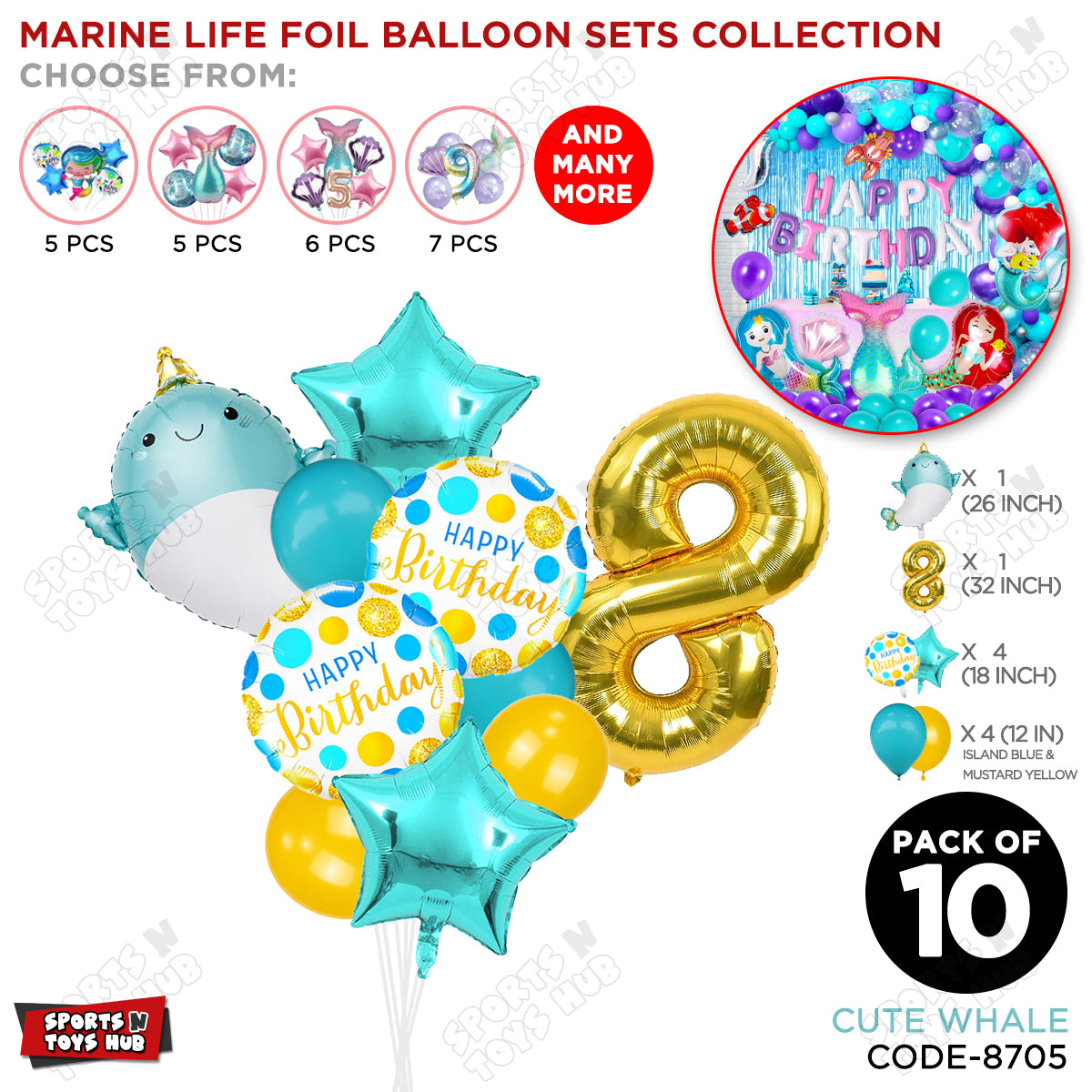 Cute Whale Foil Balloon Pack Of 10 Set With 32 Inch Foil Number Balloons