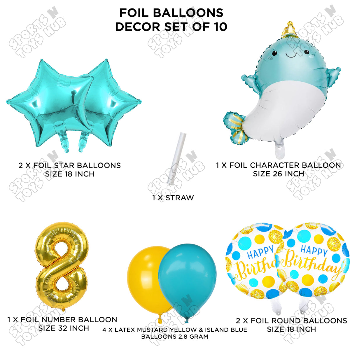 Cute Whale Foil Balloon Pack Of 10 Set With 32 Inch Foil Number Balloons