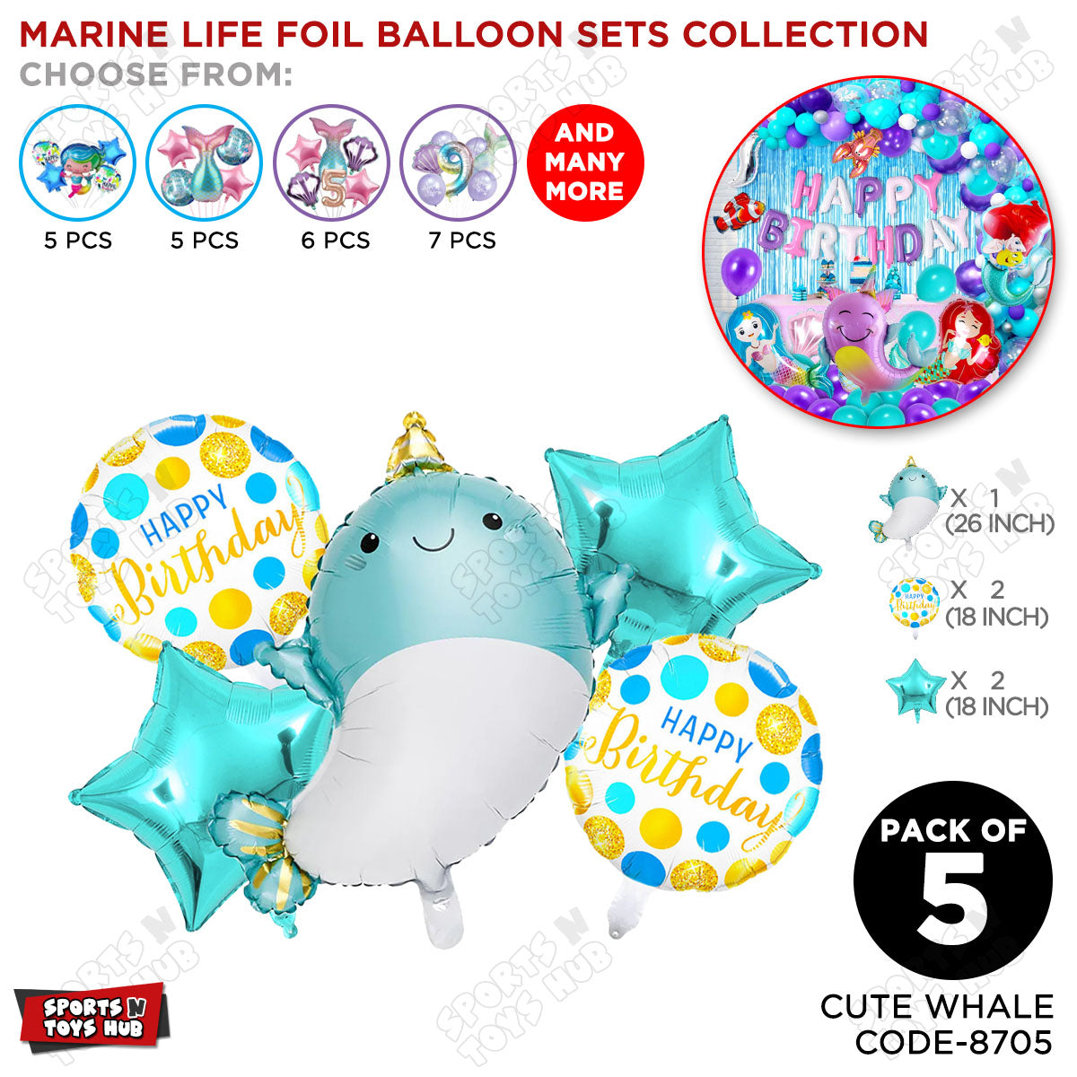 Cute Whale Pack Of 5 Foil Balloon Set