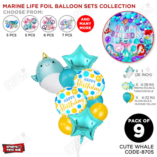 Whale Foil Balloon Decoration Set Pack of 9 – Premium Under the Sea Birthday Party Balloons for Boys & Girls, Ocean Theme, Baby Shower, Photo Booth, Balloon Bouquet & Event Decorations