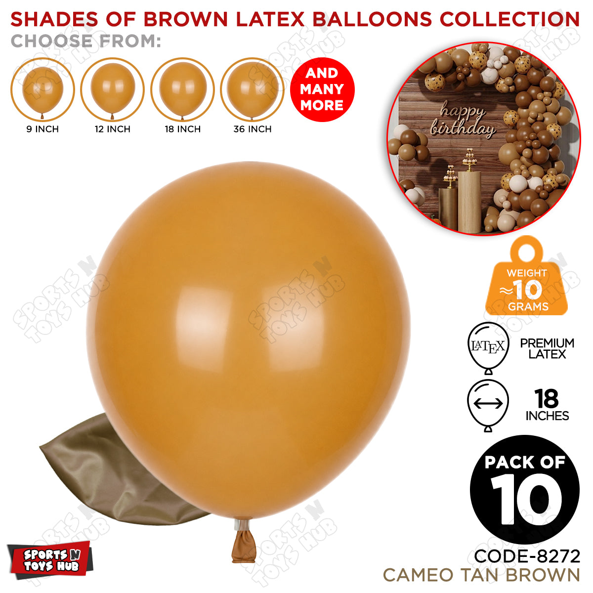 Cameo Tan Brown Latex Balloons Available In 9, 12, 18 & 36 Inch Sizes