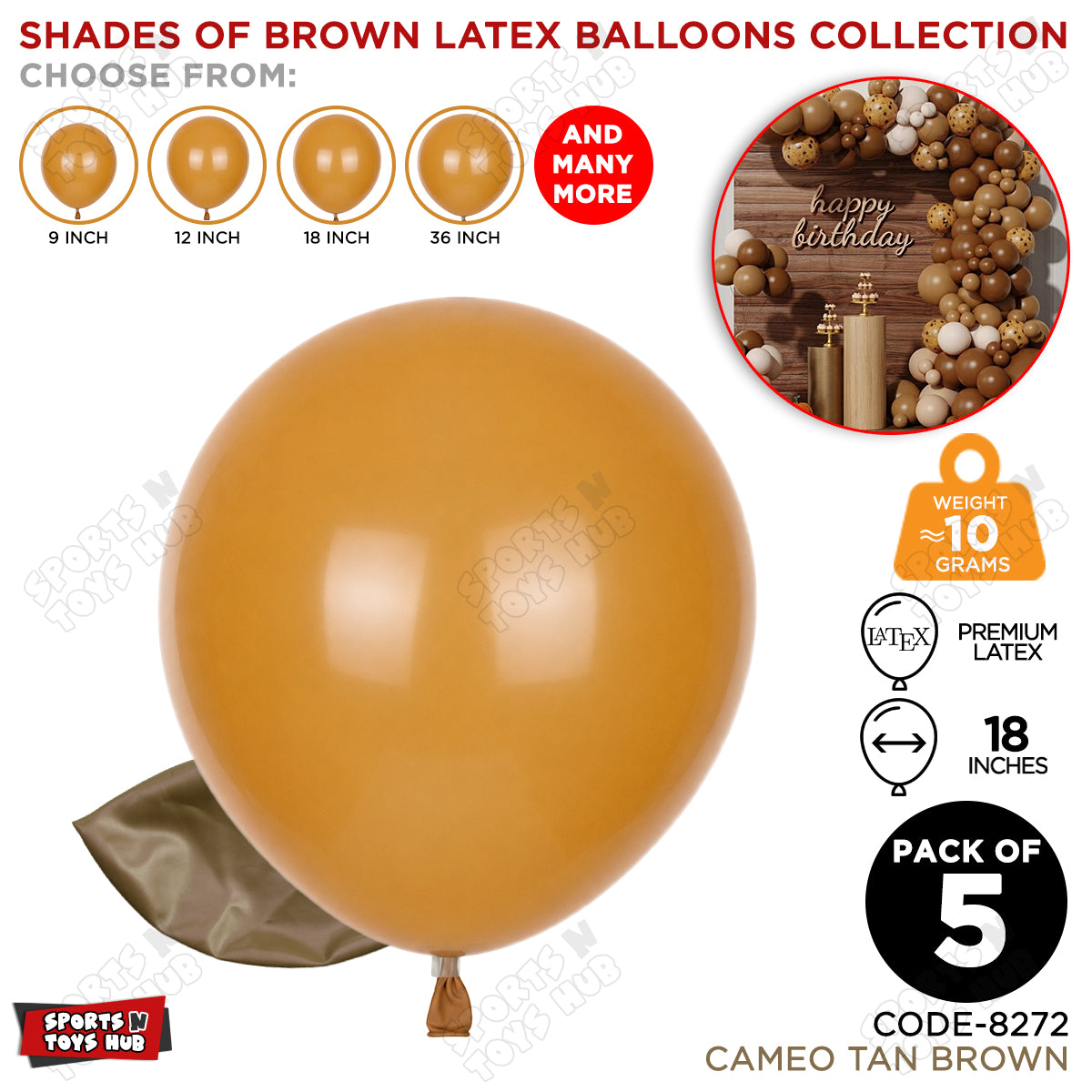 Cameo Tan Brown Latex Balloons Available In 9, 12, 18 & 36 Inch Sizes