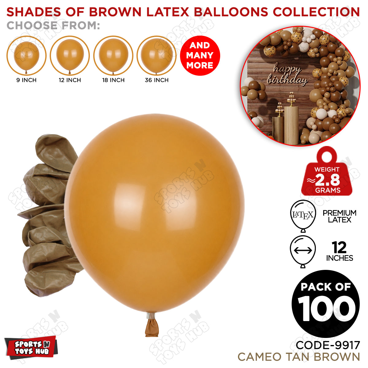 Cameo Tan Brown Latex Balloons Available In 9, 12, 18 & 36 Inch Sizes