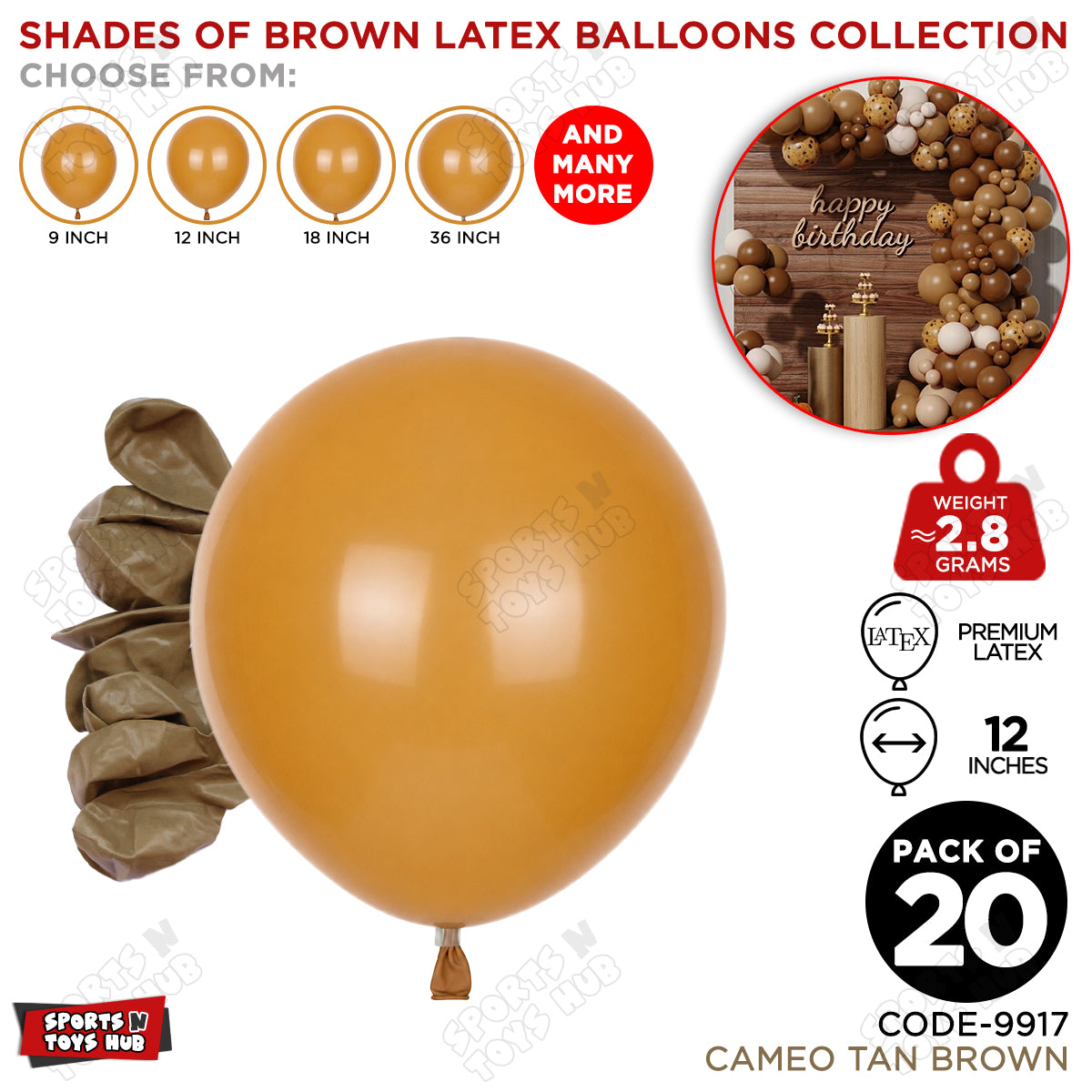 Cameo Tan Brown Latex Balloons Available In 9, 12, 18 & 36 Inch Sizes