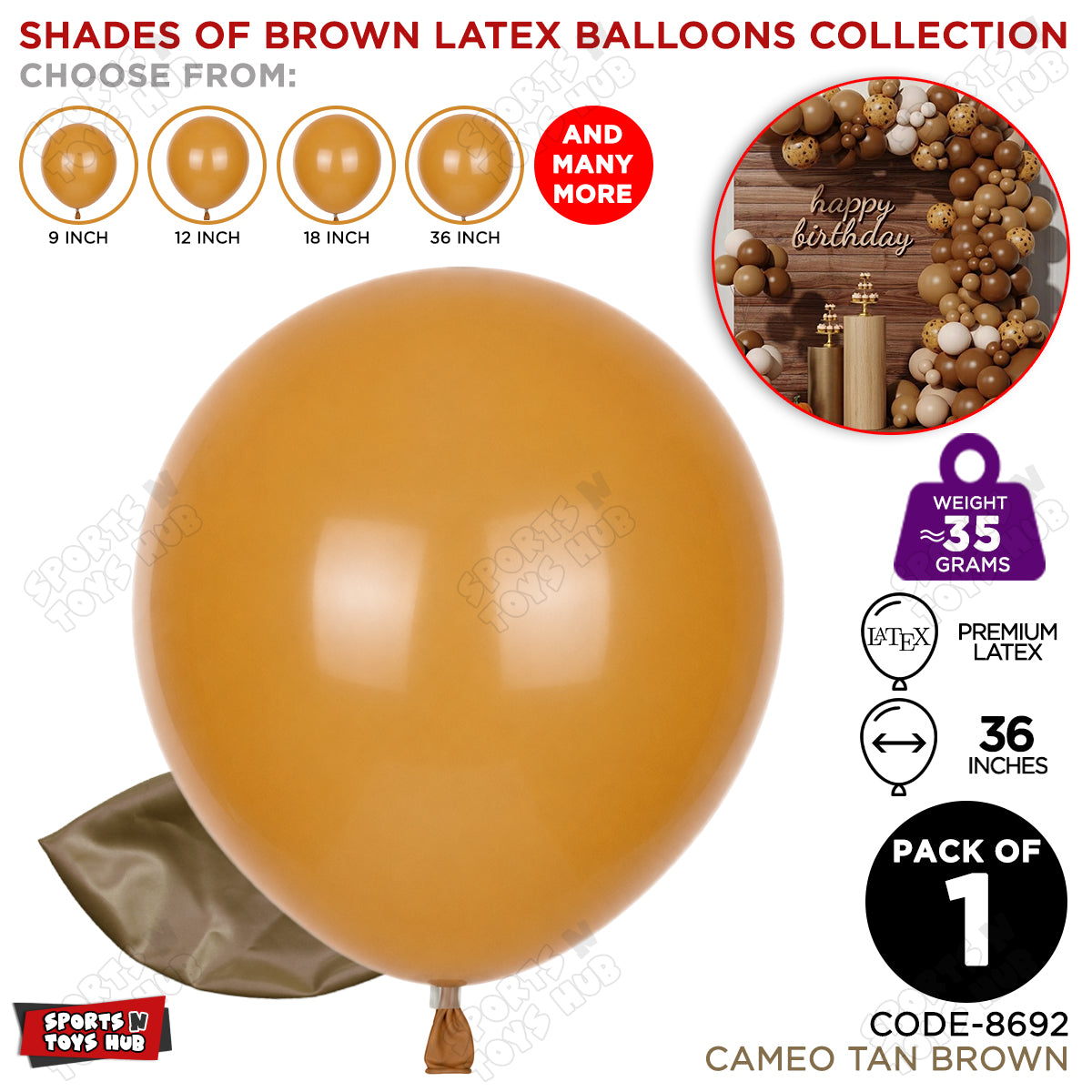 Cameo Tan Brown Latex Balloons Available In 9, 12, 18 & 36 Inch Sizes