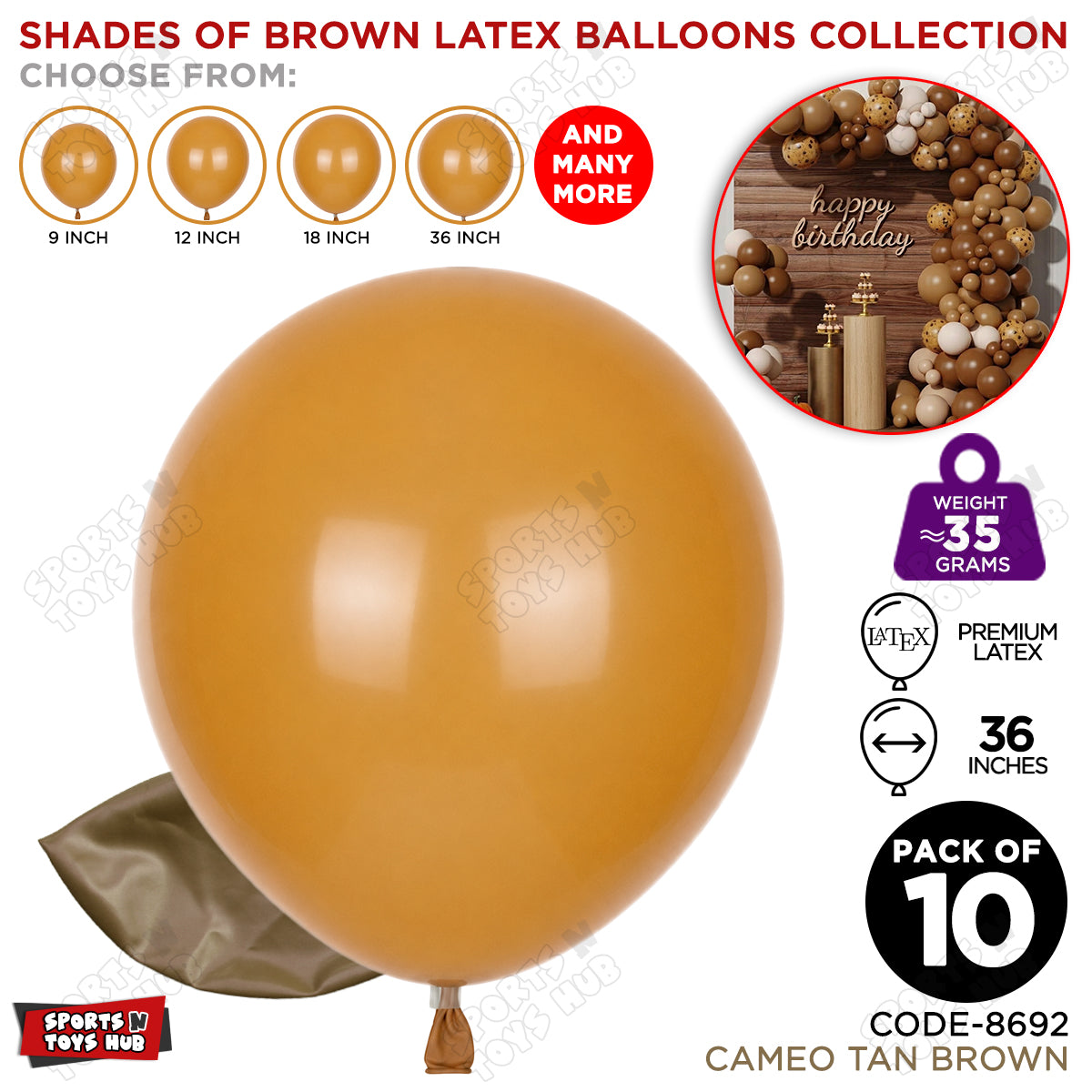 Cameo Tan Brown Latex Balloons Available In 9, 12, 18 & 36 Inch Sizes