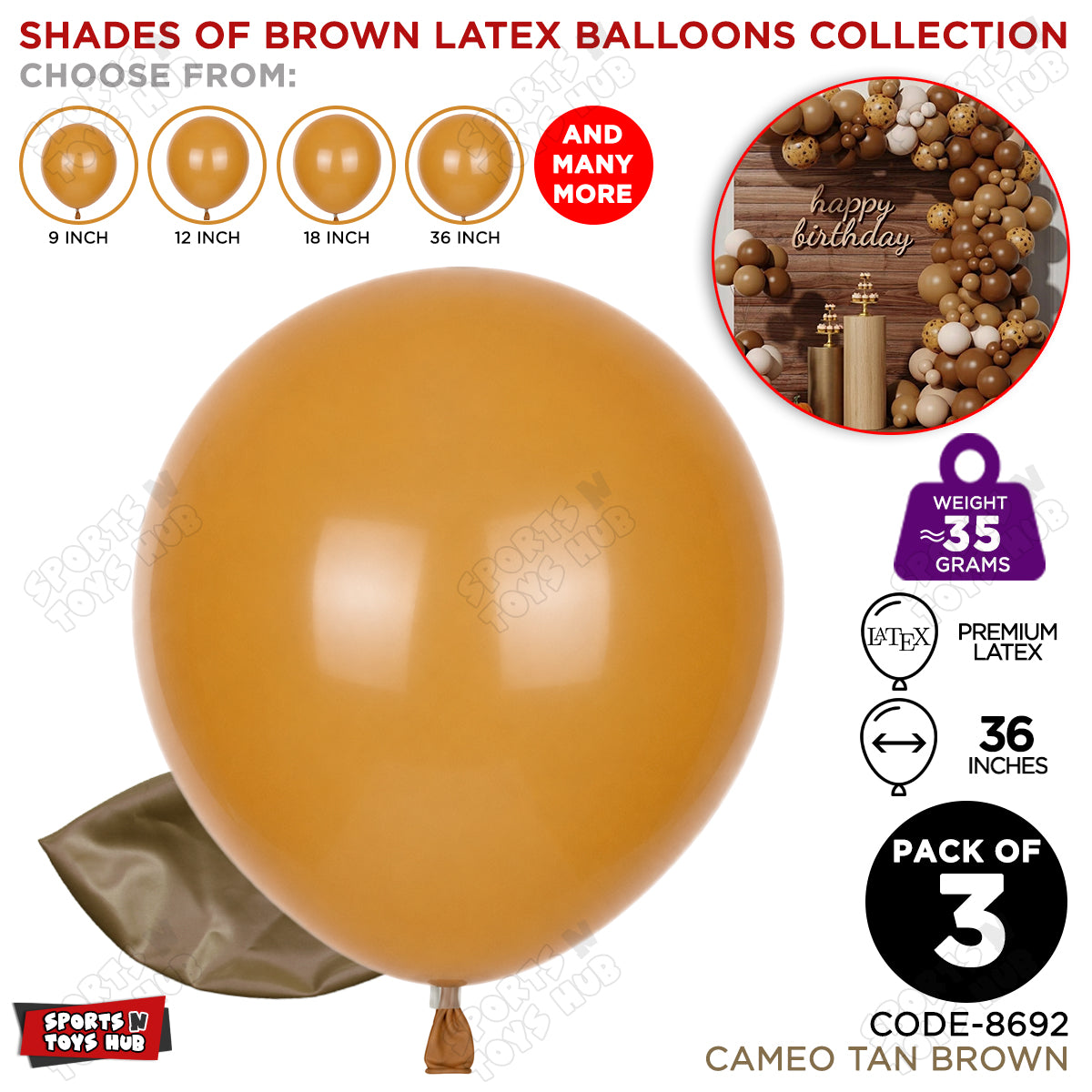 Cameo Tan Brown Latex Balloons Available In 9, 12, 18 & 36 Inch Sizes
