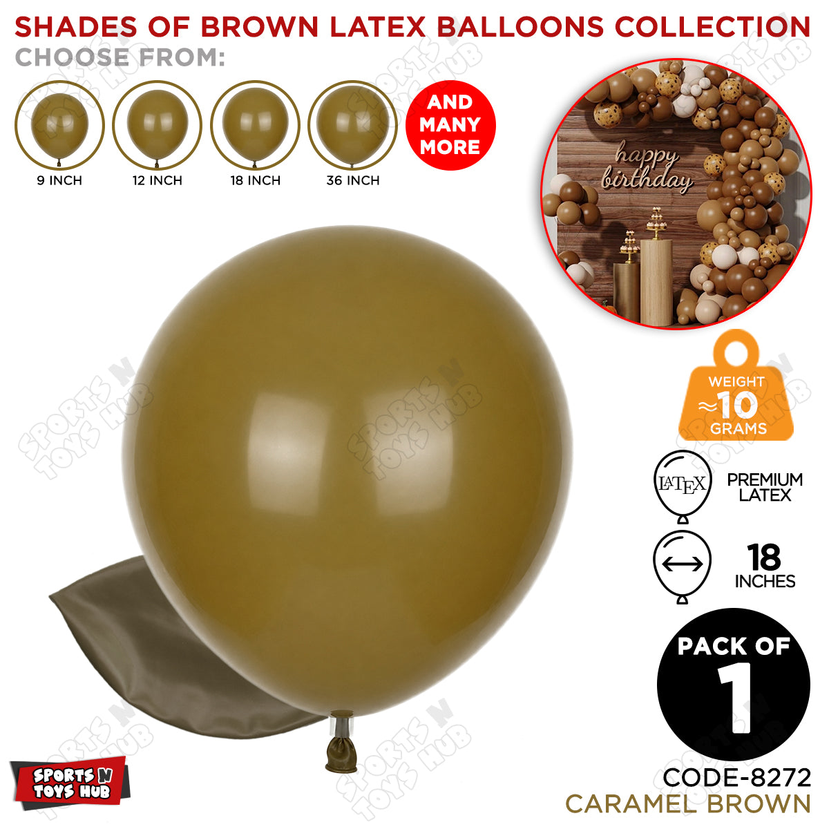 Caramel Brown Latex Balloons Available In 9, 12, 18 & 36 Inch Sizes
